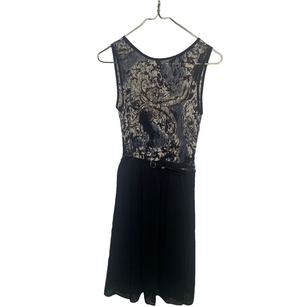 AB Studio Womens Size 6 Belted Black Dress Lace Top Sheer Bottom Built in Cami
